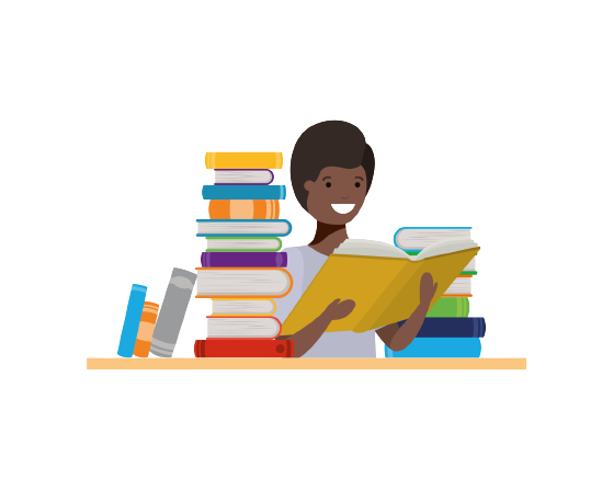 a male character sitting and wanting to read a pile of books